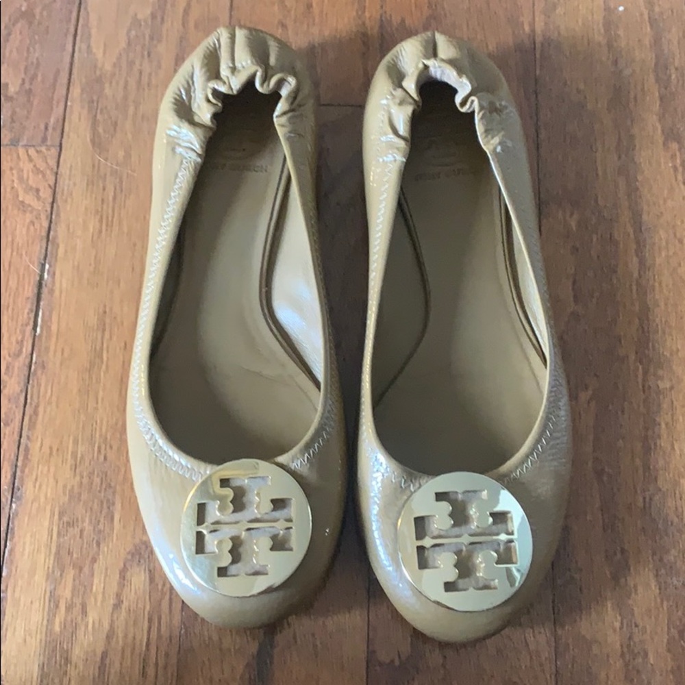 Tory Burch Olive Patent Logo Ballet Flats